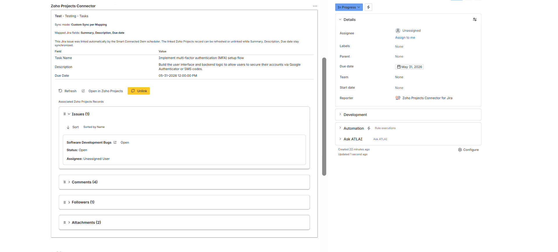 Jira issue panel showing Associated Zoho Projects Records with Issues, Comments, Followers, and Attachments groups.