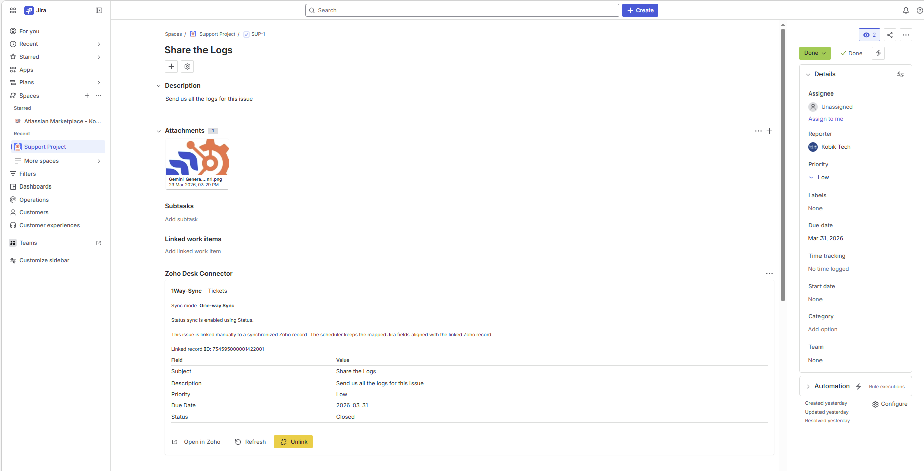 Jira issue view showing the Zoho Projects Connector panel after linking, with mapped values plus Open in Zoho Projects, Refresh, and Unlink actions.