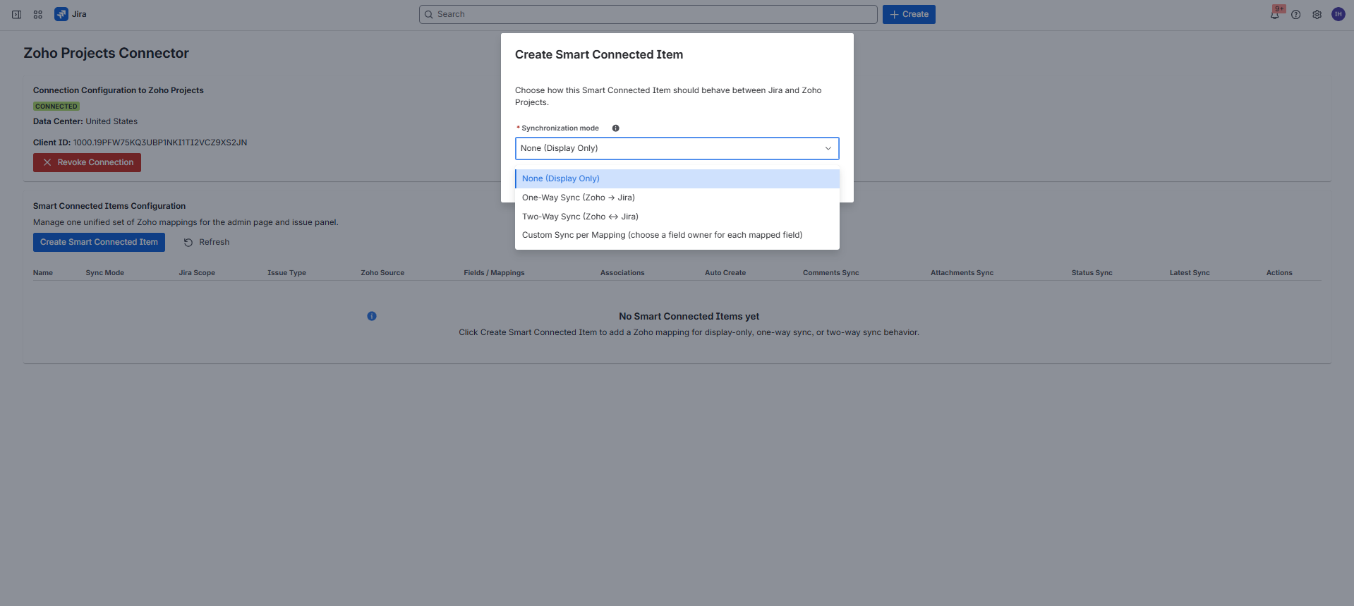 Create Smart Connected Item dialog showing Zoho portal, Zoho project, and Zoho Projects module selection.